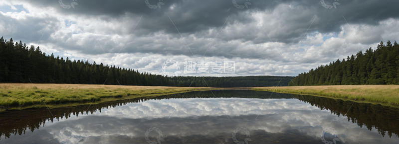 高清大图下载【趣麦麦图】森林旁平静水域与天空倒影