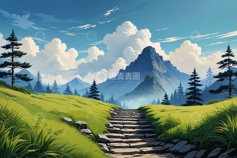 高清大图下载【趣麦麦图】山间草地石径自然风光