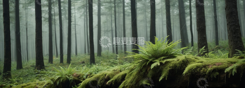高清大图下载【趣麦麦图】迷雾森林中的绿植与树木