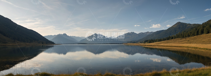 高清大图下载【趣麦麦图】宁静湖面与远处山峦风景