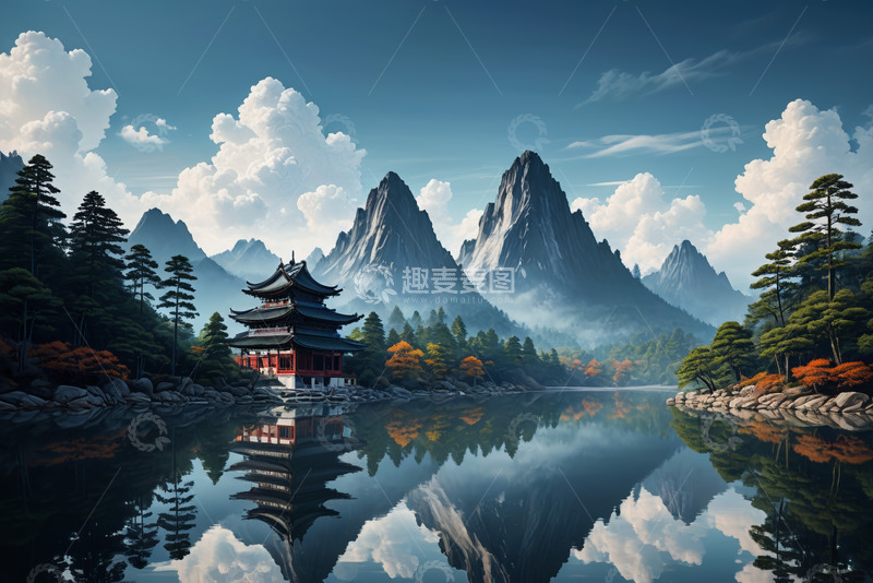 高清大图下载【趣麦麦图】山水间中式楼阁风景