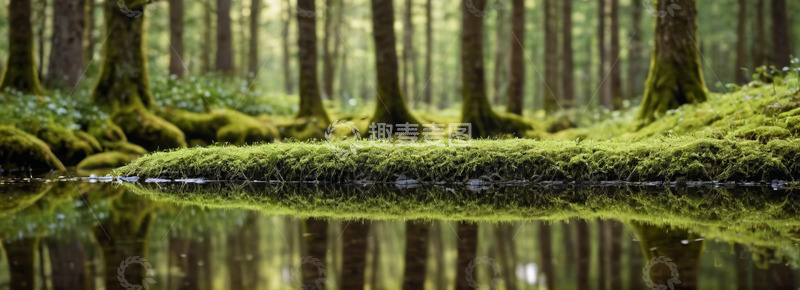 高清大图下载【趣麦麦图】森林中苔藓覆盖的树干与水面倒影