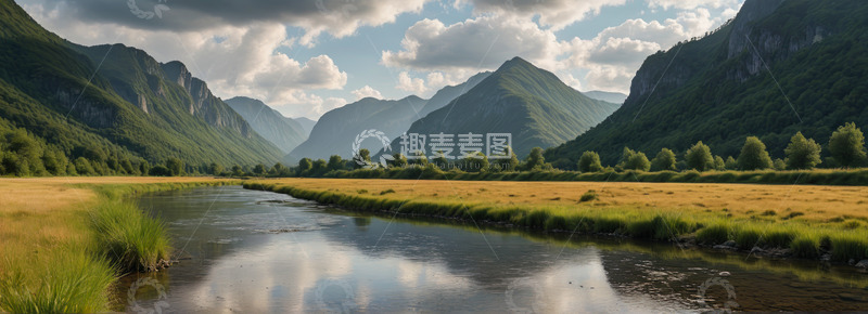 高清大图下载【趣麦麦图】山间河流与草地自然风光