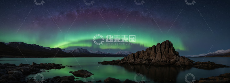 高清大图下载【趣麦麦图】极光下的湖泊与岩石景观