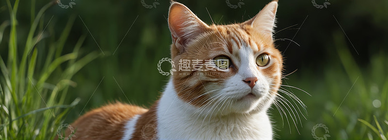 户外草地中的橘白相间猫咪