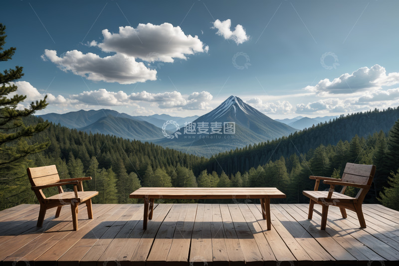 高清大图下载【趣麦麦图】山间平台桌椅自然风光