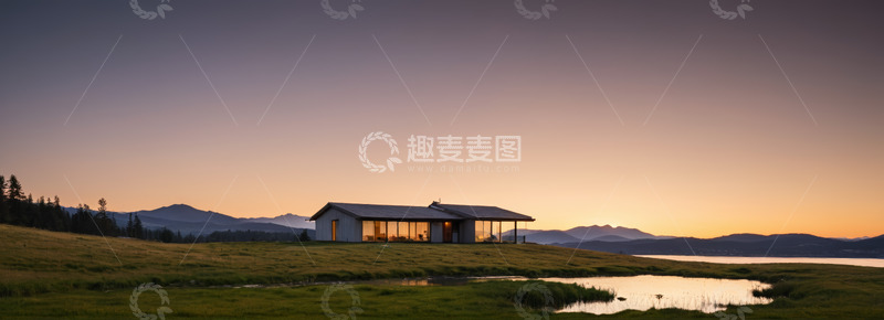 高清大图下载【趣麦麦图】原野湖畔的现代房屋黄昏景象