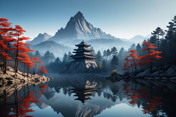 山水间古亭与红叶风景