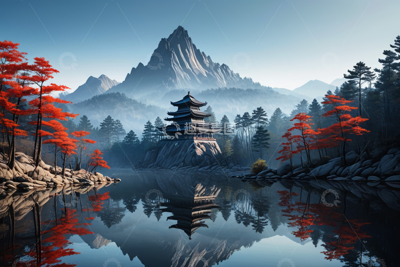 高清大图下载【趣麦麦图】山水间古亭与红叶风景