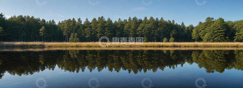 高清大图下载【趣麦麦图】森林旁宁静湖面