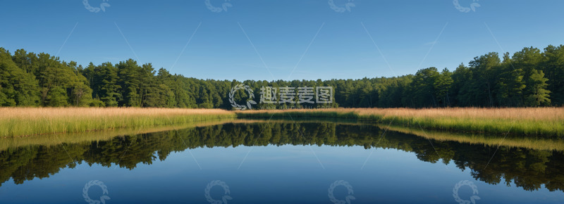 高清大图下载【趣麦麦图】森林旁宁静湖面自然风光