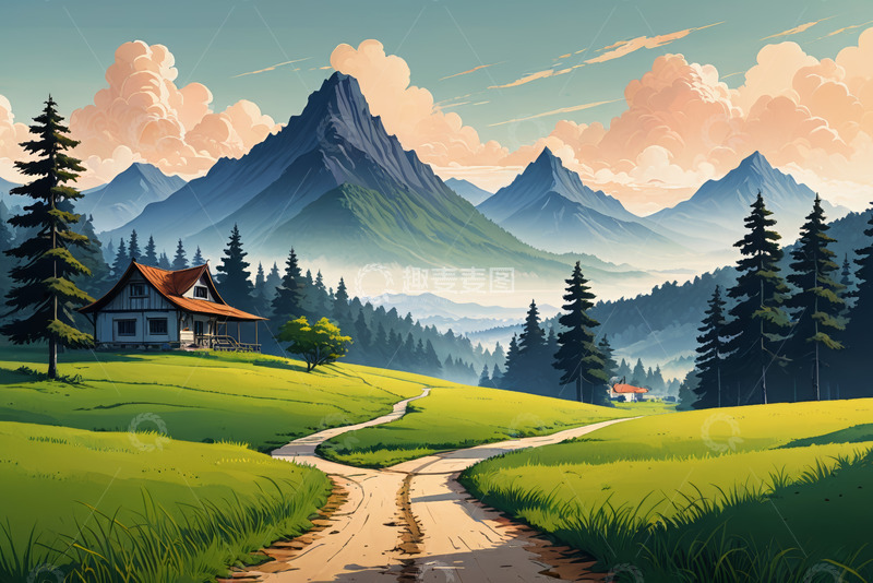 高清大图下载【趣麦麦图】山间草地小屋风景