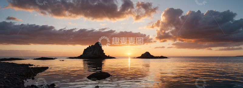 高清大图下载【趣麦麦图】海边日落时分的礁石与云霞