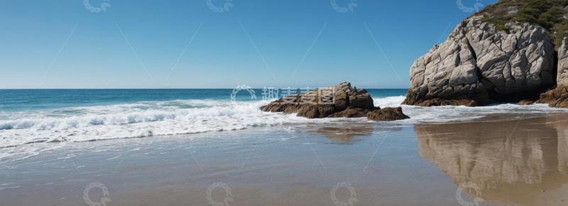 高清大图下载【趣麦麦图】海滩边海浪拍打岩石景象
