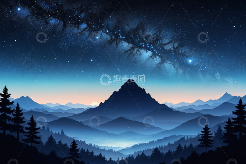 高清大图下载【趣麦麦图】星空下的山脉森林景观