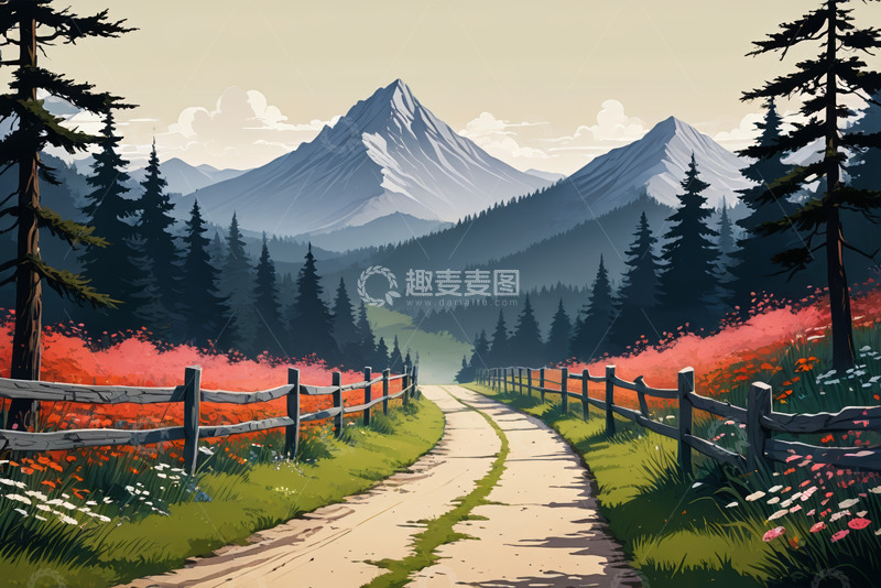 高清大图下载【趣麦麦图】山间小路旁的森林与花卉景观