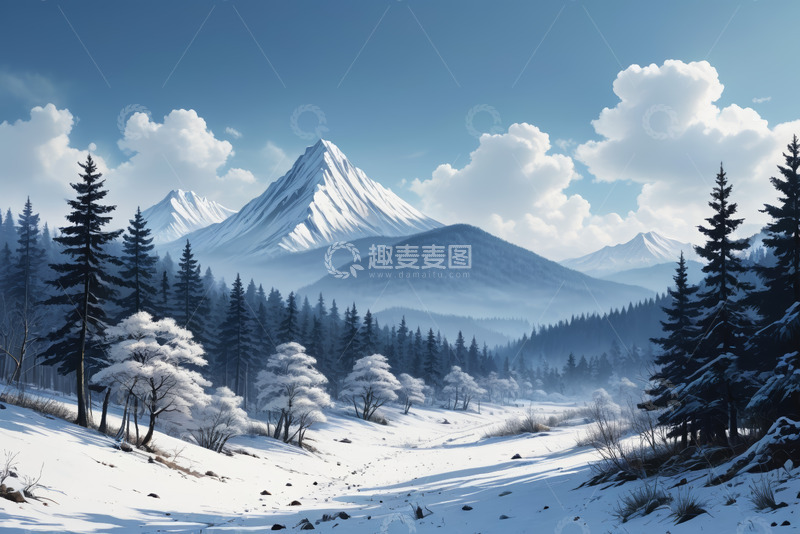 高清大图下载【趣麦麦图】雪山下的冬日森林风景