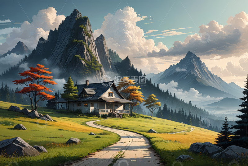 高清大图下载【趣麦麦图】山间小屋旁的自然风光