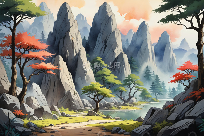 高清大图下载【趣麦麦图】动画风格山水自然风光