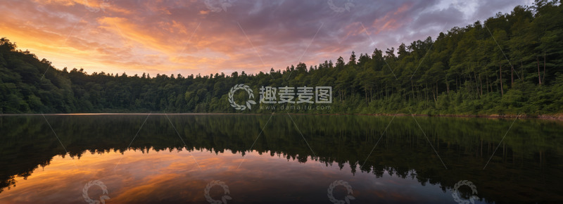 高清大图下载【趣麦麦图】森林湖畔绚丽日落景致