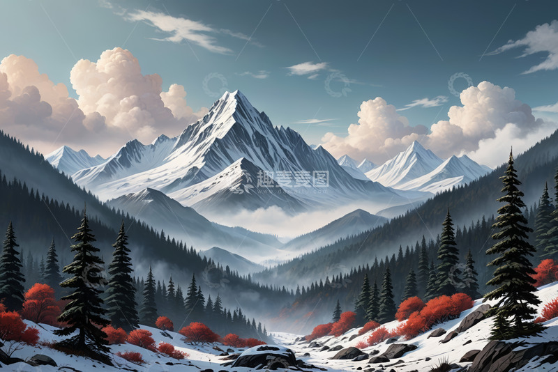 高清大图下载【趣麦麦图】雪山森林自然风光全景