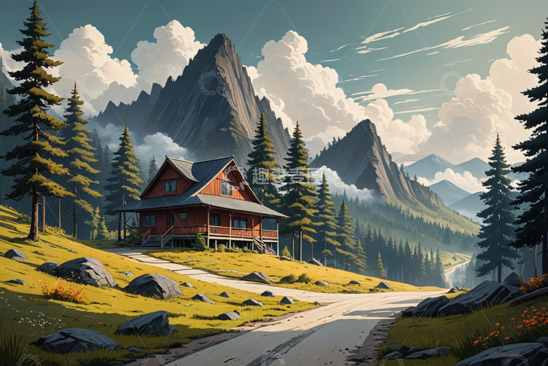 高清大图下载【趣麦麦图】山间木屋自然风光