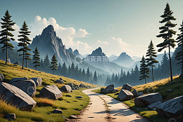 山间草地蜿蜒小路自然风光