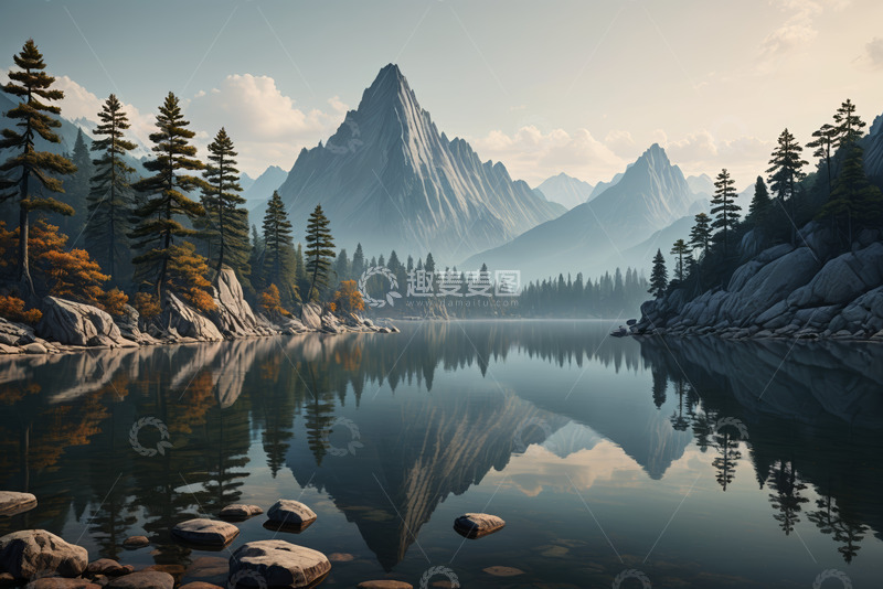 高清大图下载【趣麦麦图】山水相依的宁静湖泊风光