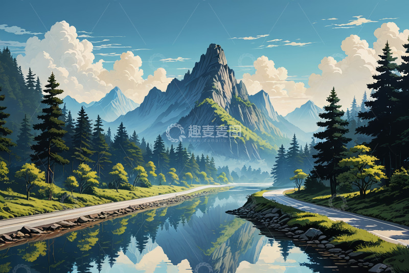 高清大图下载【趣麦麦图】山林间湖泊与公路风景