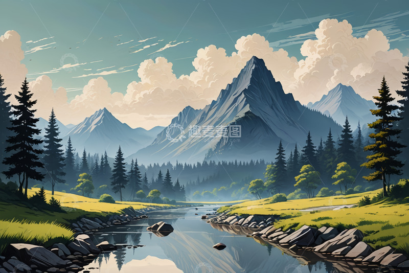 高清大图下载【趣麦麦图】山林间河流与茂密森林景观