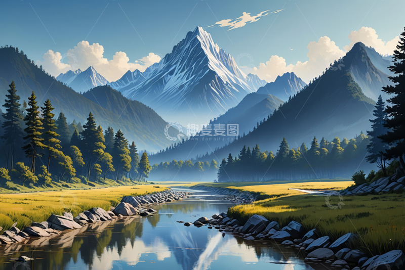 高清大图下载【趣麦麦图】雪山森林间的河流风景