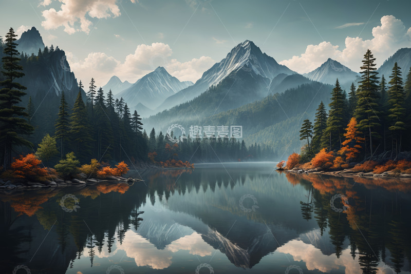 高清大图下载【趣麦麦图】山林湖泊自然风光全景