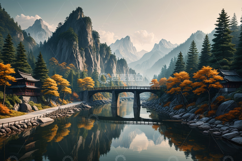 高清大图下载【趣麦麦图】山水间中式建筑与桥梁风景