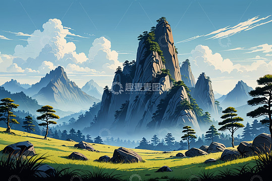 卡通风格山峦与森林风景