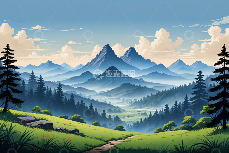 高清大图下载【趣麦麦图】山林间草地与蜿蜒小径风景