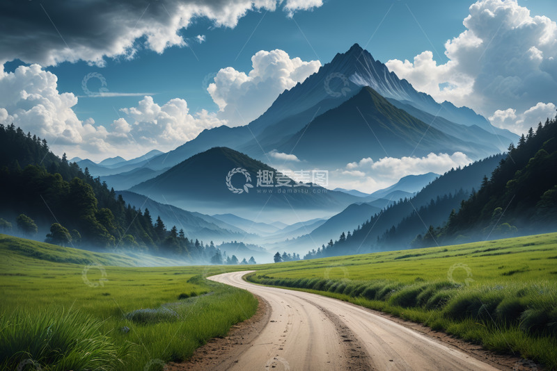 高清大图下载【趣麦麦图】山间草地蜿蜒道路自然风光