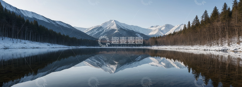 高清大图下载【趣麦麦图】雪山森林环绕的平静湖泊