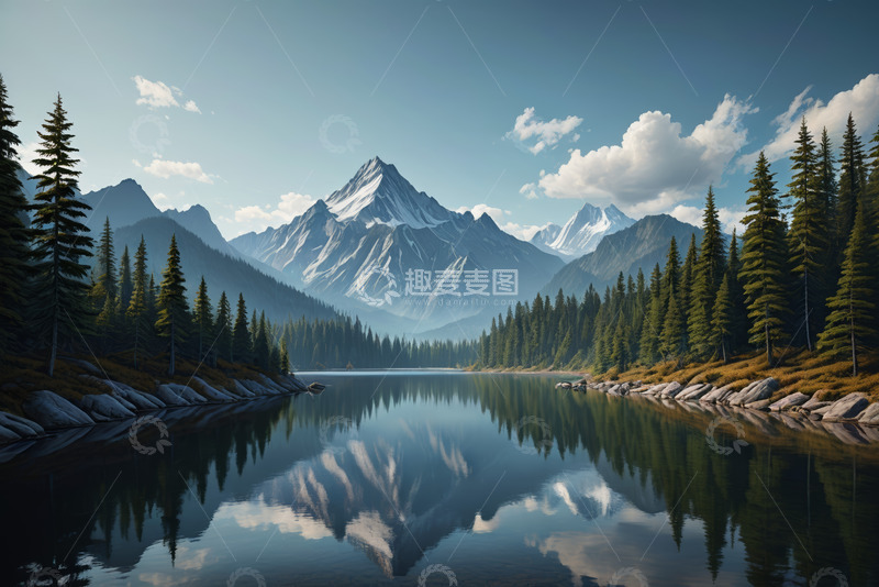 高清大图下载【趣麦麦图】湖光山色间的森林风景