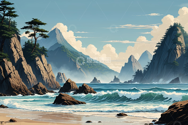 高清大图下载【趣麦麦图】海边山川风景插画