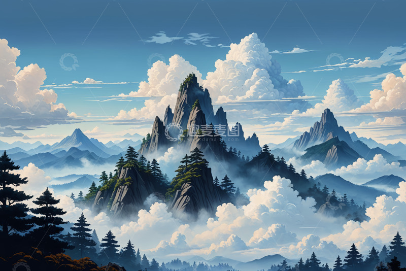 高清大图下载【趣麦麦图】云雾缭绕的壮丽群山景观