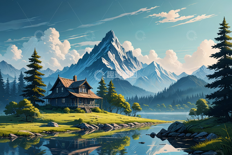 高清大图下载【趣麦麦图】山间湖畔小屋自然风光