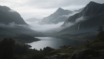 云雾山峦湖泊风光摄影图片