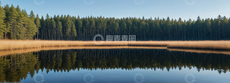高清大图下载【趣麦麦图】静谧森林旁的平静湖水景观