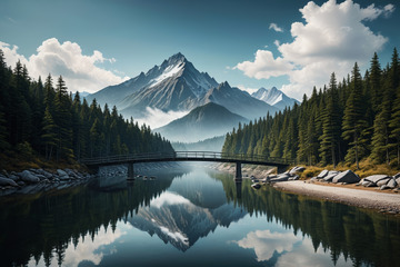 山林间河流上的桥梁风景