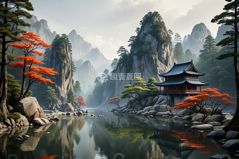 高清大图下载【趣麦麦图】山水间中式建筑自然风光