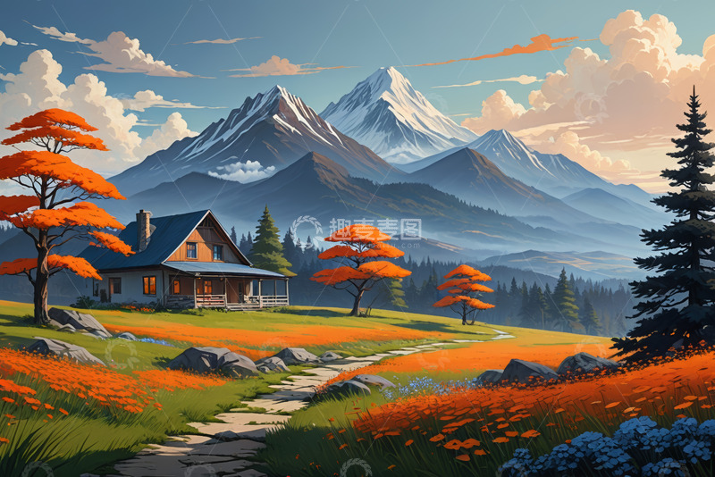 高清大图下载【趣麦麦图】山间小屋旁的自然风光