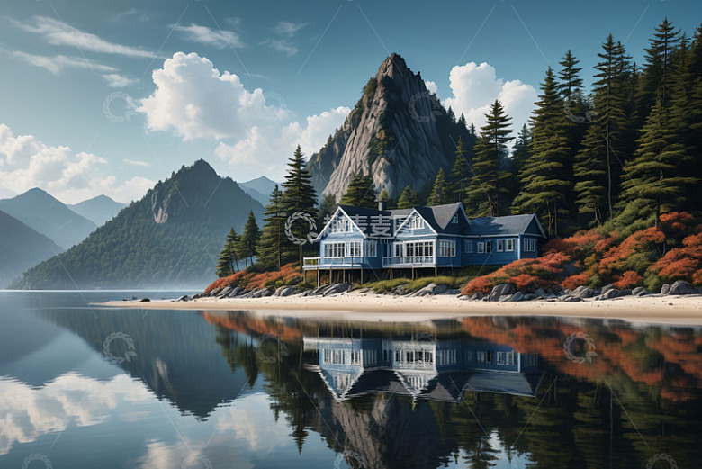 湖畔山林中的蓝色小屋