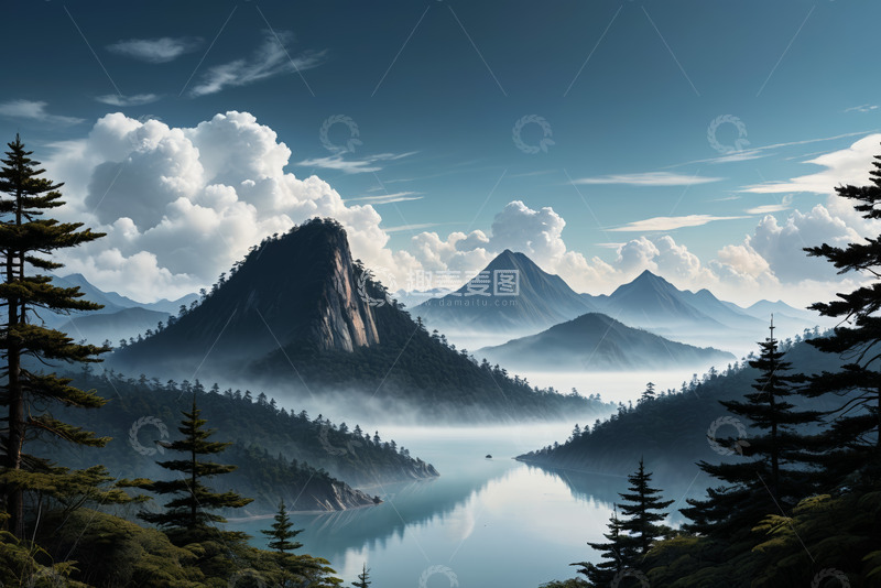 高清大图下载【趣麦麦图】山林湖泊与蓝天白云风景