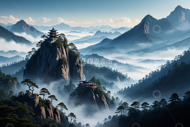 高清大图下载【趣麦麦图】山间云雾中的中式楼阁景观