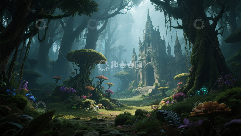 高清大图下载【趣麦麦图】森林城堡梦幻场景插画